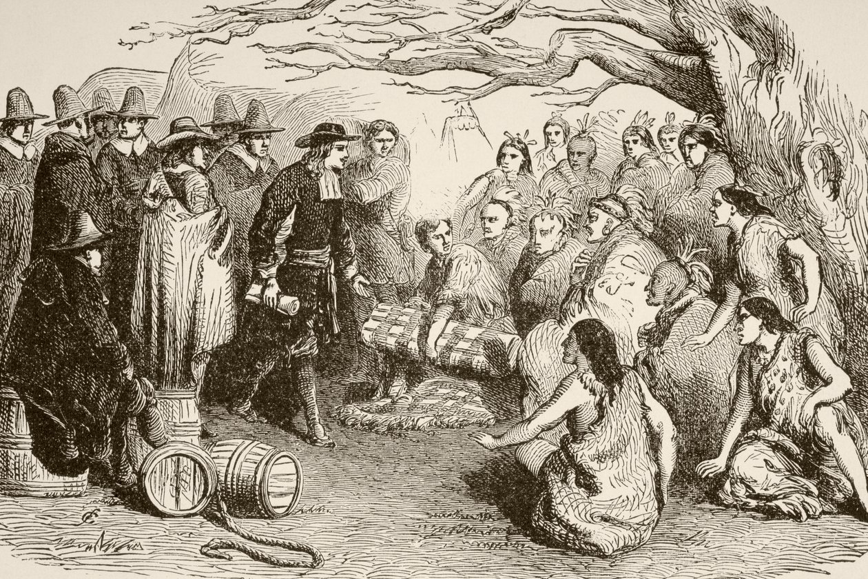 William Penn zawiera traktat z Indianami Delaware lub Lenape w 1682 r. (litho) autorstwa English School