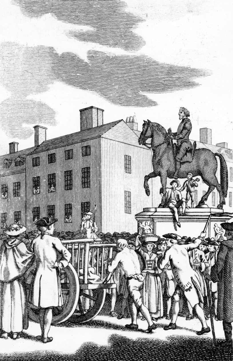 William Stroud, „Człowiek biczowany w ogon wozu za petit Larceny od Charing Cross do Horse Guards”, wygrawerowany dla Tyburn Chronicle autorstwa English School