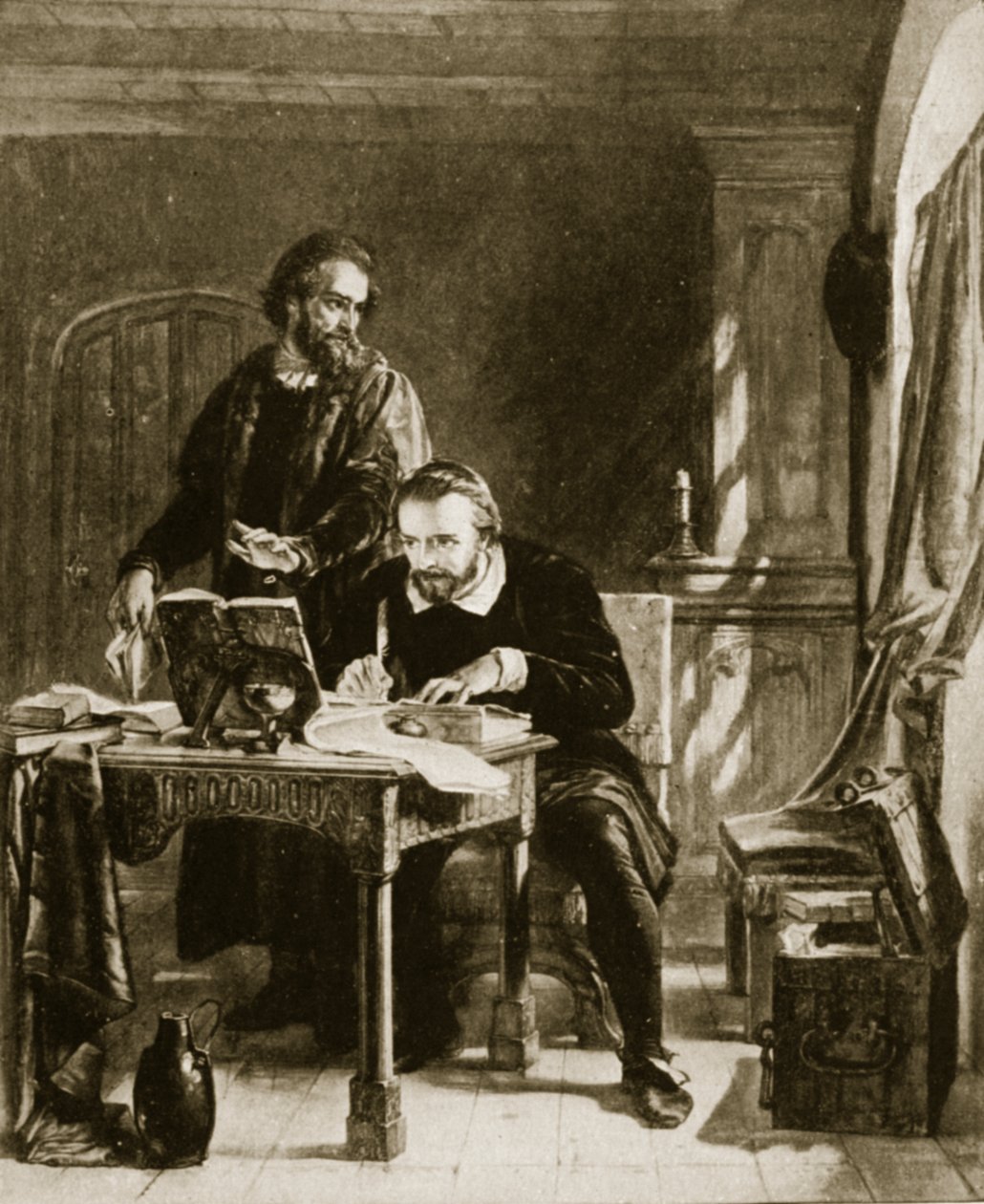 William Tyndale tłumaczy Nowy Testament, ilustracja z Hutchinsons Story of the British Nation, ok. 1923 autorstwa English School