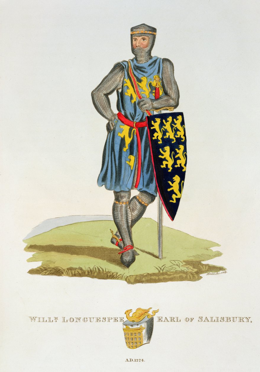 William de Longuespee, 3. hrabia Salisbury (zm. 1226) 1224, grawerowany przez W. Maddocksa, z Ancient Armor Samuela Rusha Meyricka, 1824 autorstwa English School
