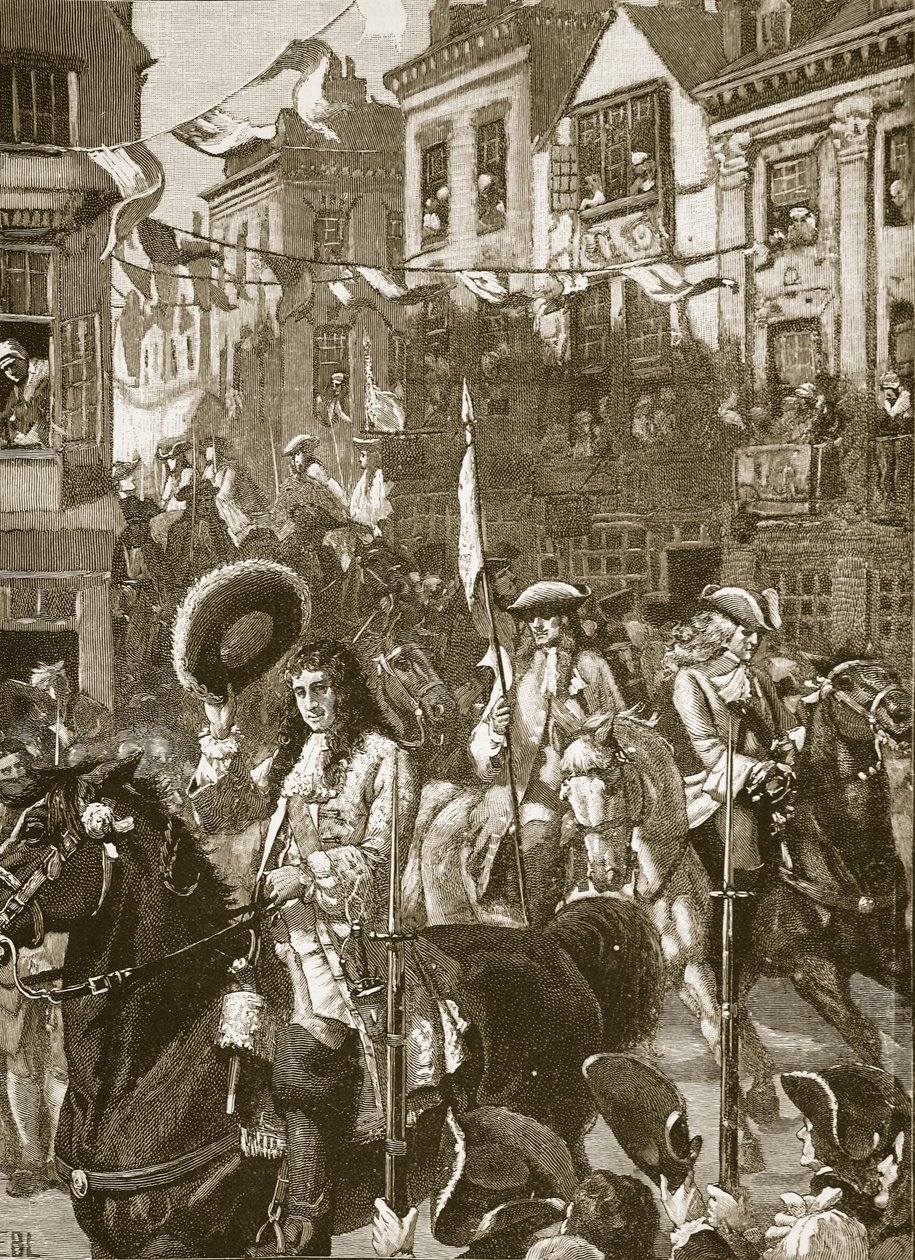 Triumfalna procesja Williamsa do Whitehall, ilustracja z Cassells Illustrated History of England (zdjęcie w sepii) autorstwa English School
