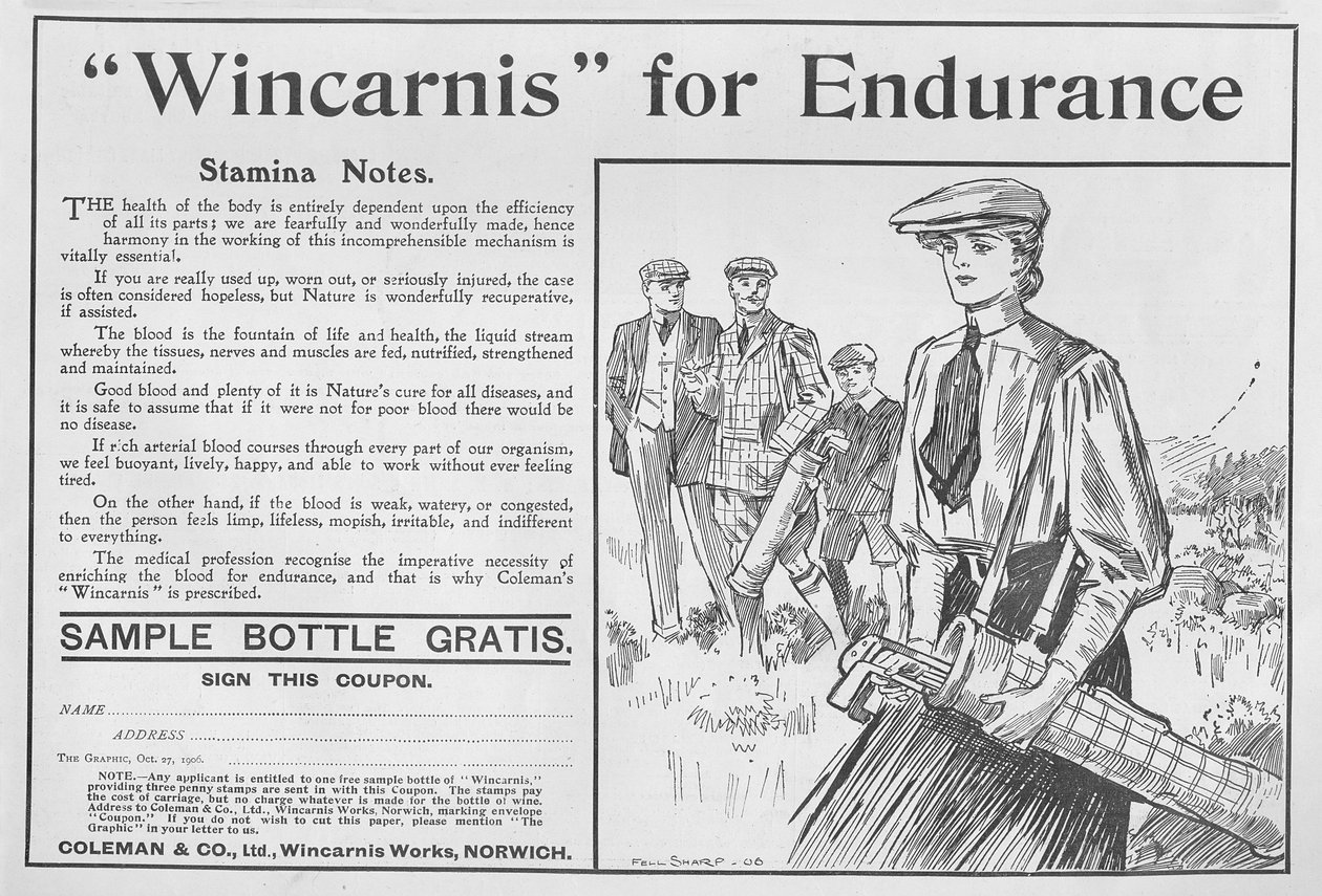 Wincarnis for Endurance, reklama z The Graphic, 27 października 1906 autorstwa English School