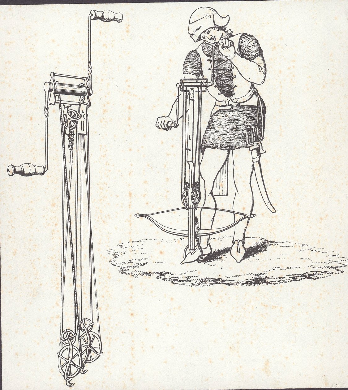 Mechanizm windy kotwicznej do napinania kuszy, ilustracja z „Ancient Armor” autorstwa English School