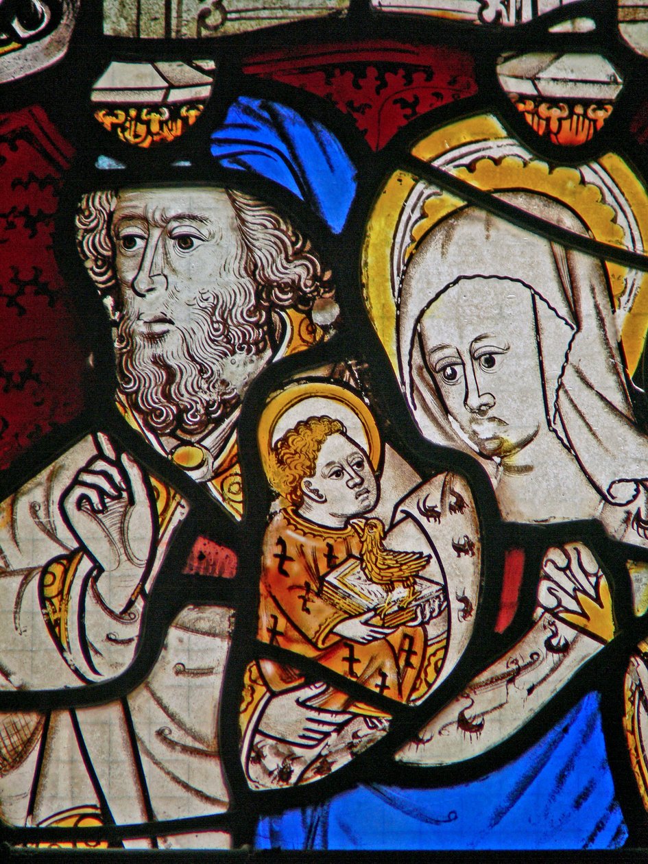 Okno Ew przedstawiające św. Marię Salome, Zebedeusza z małym św. Janem autorstwa English School