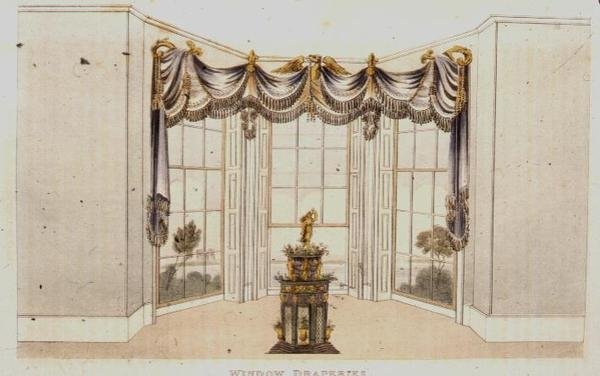 Zasłony okienne, płyta 113 z Repozytorium Sztuki Ackermanna, wydana 1820 (kolor lito) autorstwa English School