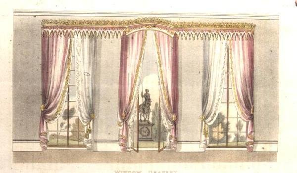 Draperia okienna, tablica 114 z Repozytorium Sztuki Ackermanna, wydana 1820 (kolor lito) autorstwa English School