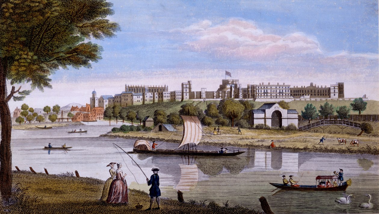 Zamek Windsor zza Tamizy, ok. 1760 (ręcznie barwiony grawerunek) autorstwa English School