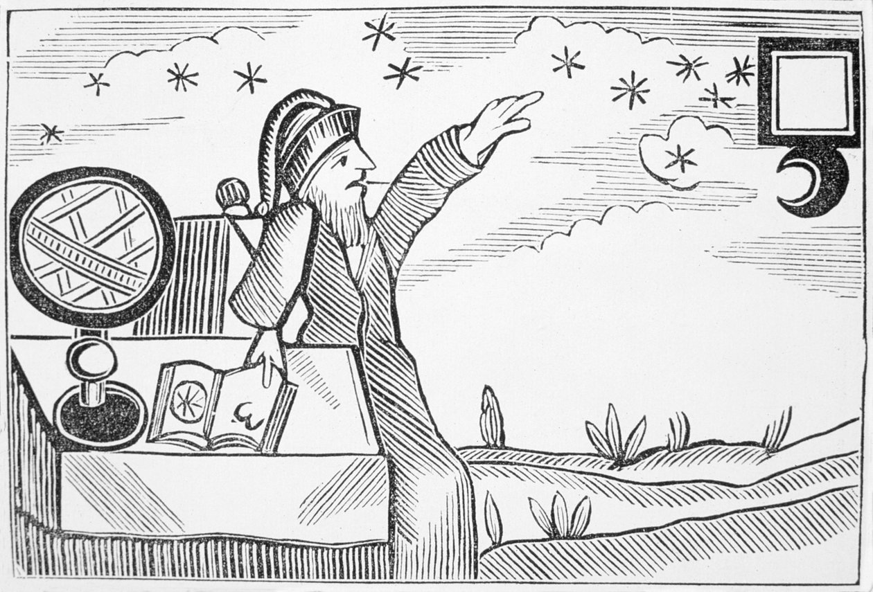 Wizard Consulting the Moon and the Stars, ilustracja ze zbioru książeczek o ezoteryce autorstwa English School