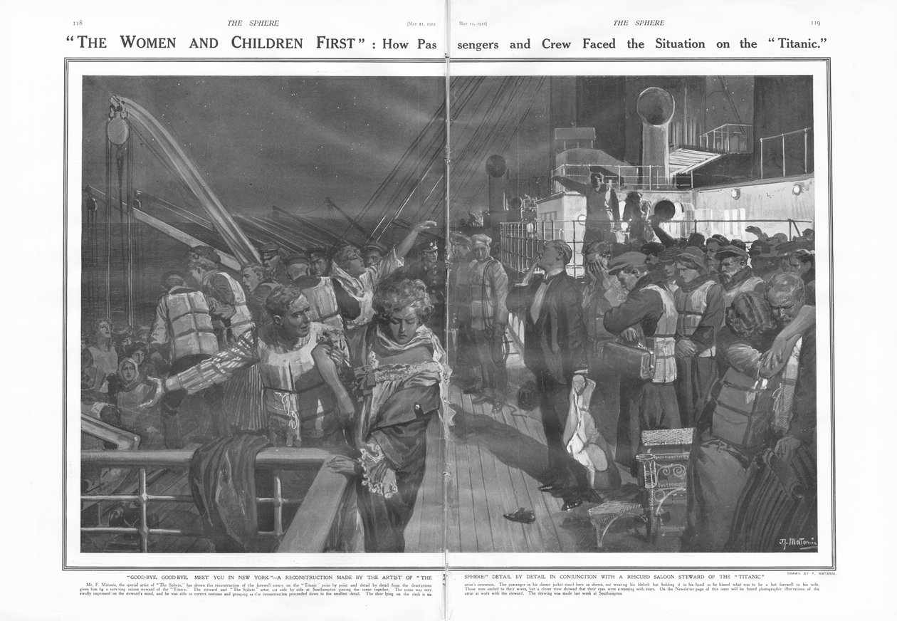 Najpierw kobieta i dzieci: Jak pasażerowie i załoga zmierzyli się z sytuacją na Titanicu, z filmu The Sphere, 11 maja 1912 autorstwa English School