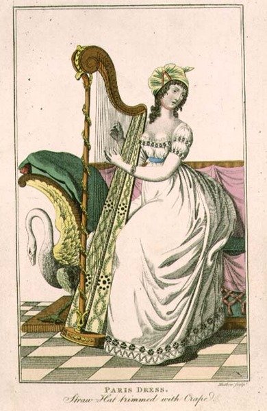 Kobieta w paryskiej sukience i słomkowym kapeluszu obszytym krepą grającą na harfie, ilustracja z „Magazynu damskiego”, ryt. J. Mutlow (fl.1810-40) c.1817 (rycina) autorstwa English School