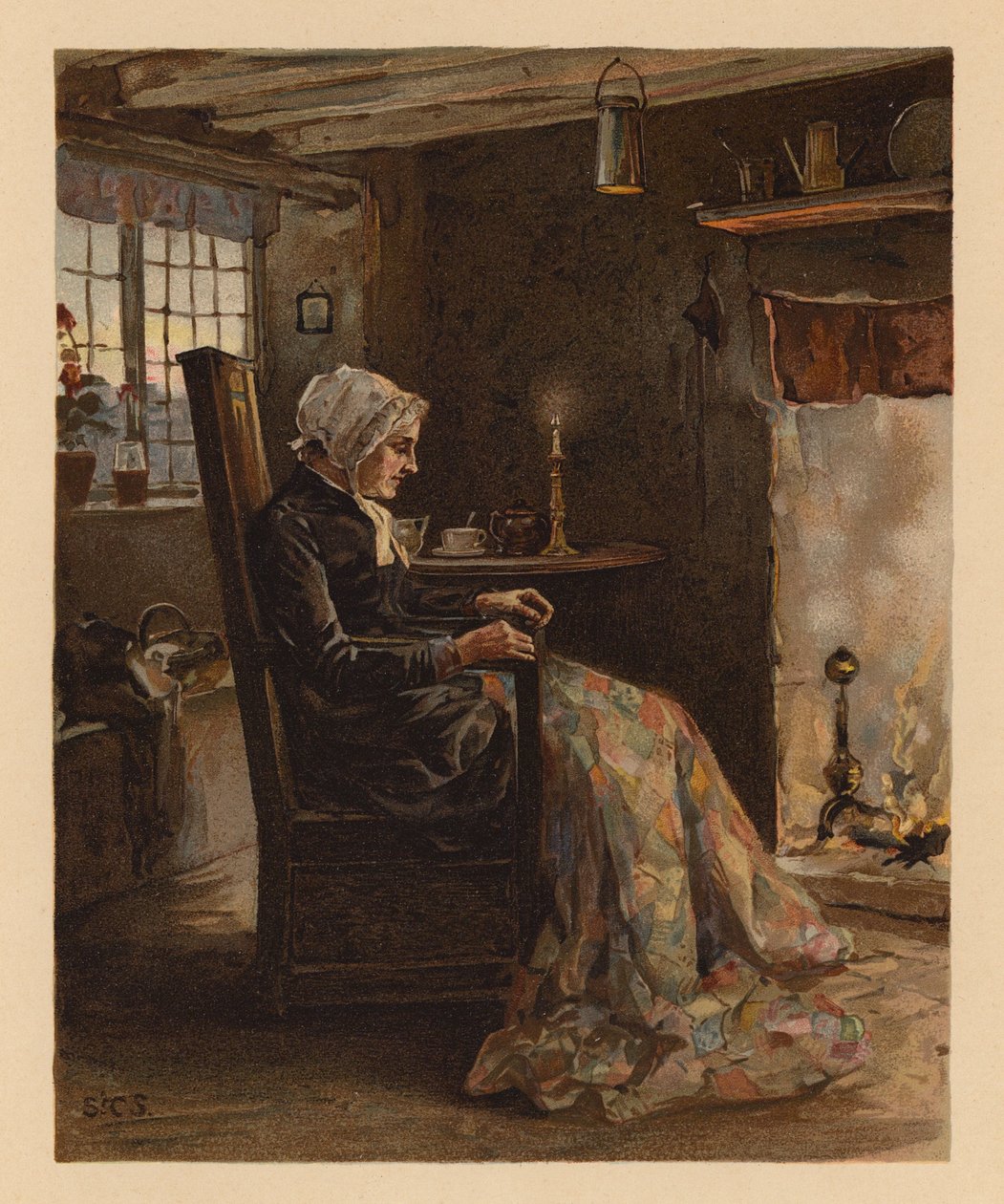 Kobieta szyjąca patchworkową kołdrę (chromolitho) autorstwa English School