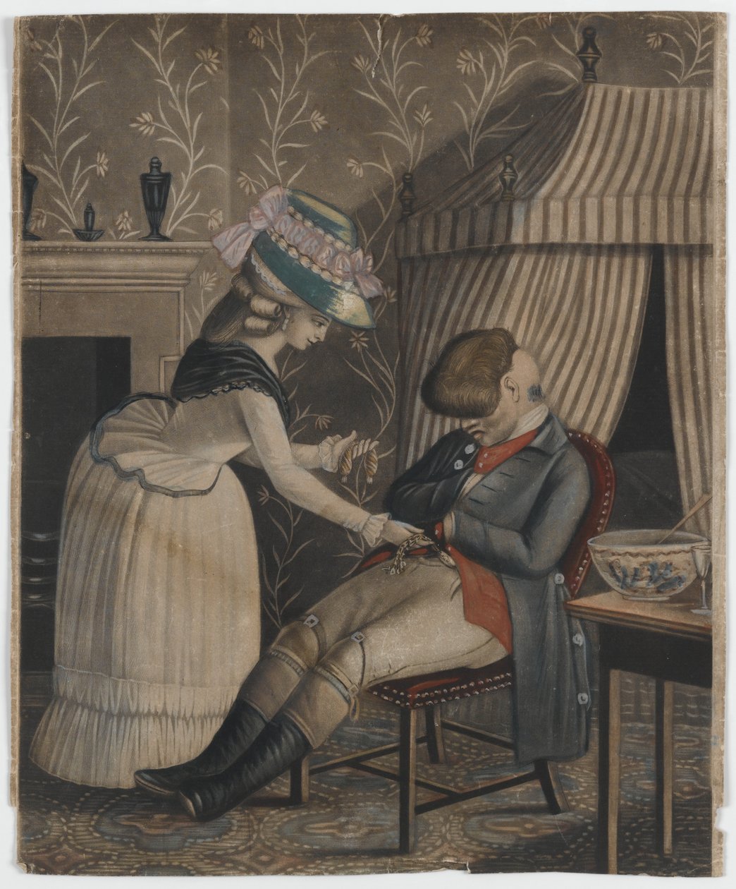 Kobieta kradnąca śpiącemu mężczyźnie torebkę ze skarpetą i zegarek kieszonkowy, ok. 1790 r. (ręcznie kolorowana mezzotinta) autorstwa English School