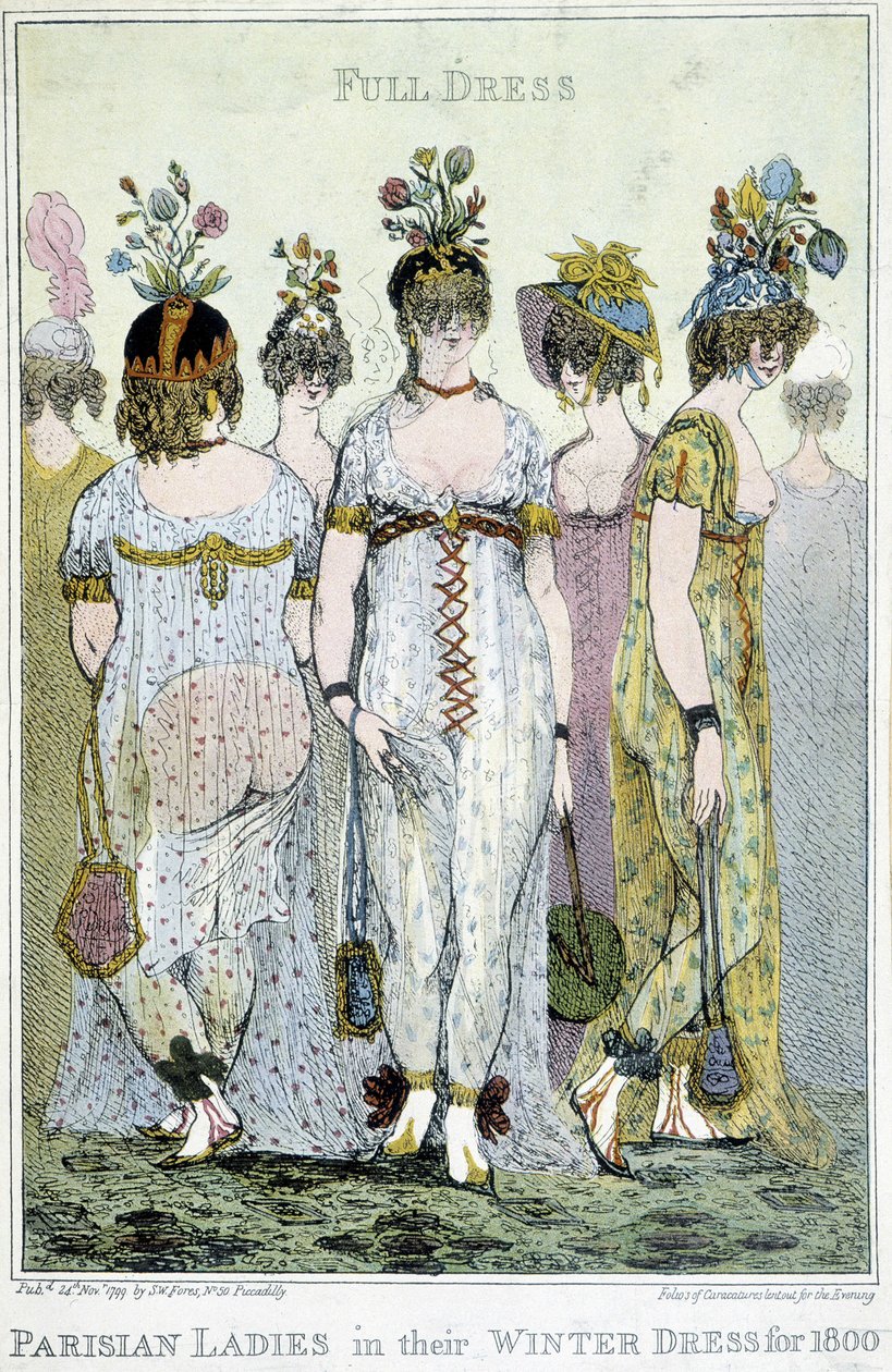 Cudownie: paryskie kobiety w zimowych sukienkach na 1800, angielski rysunek. autorstwa English School