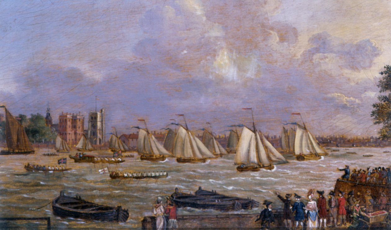 Jachty floty Cumberland ścigające się przy pałacu Lambeth, 1775 autorstwa English School
