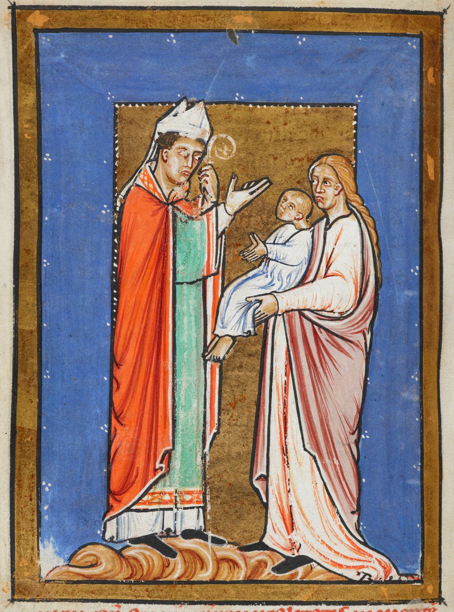Yates Thompson 26 f.62v St. Cuthbert uzdrawiający dziecko z zarazą, ilustracja z „Prozy życia św. Cuthberta”, autorstwa Bede (wellum) autorstwa English School