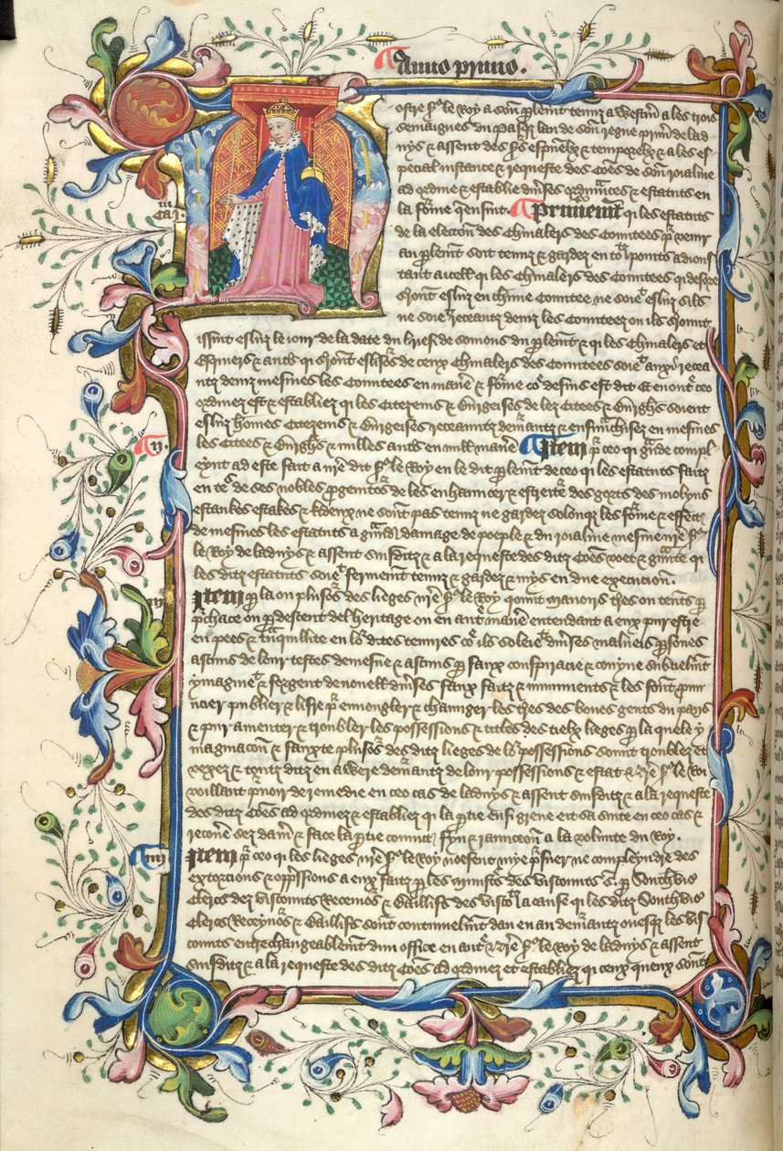 Yates Thompson 48, f.172v Historyczny inicjał „N” (ostre) Henryka V i pełna foliowana obwódka na początku jego Statutu z „Nova Stauta” (welin) autorstwa English School
