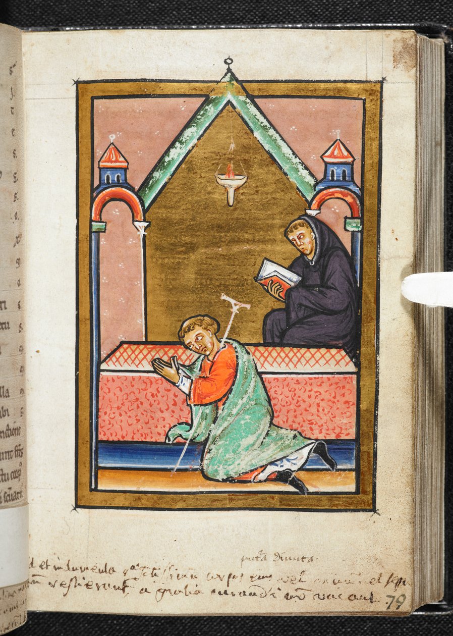 Yates Thompson Ms 26, f.79 r Kaleka modląca się przy grobie św. Cuthberta, ilustracja z „Bede, proza życia Cuthberta” (wellum) autorstwa English School