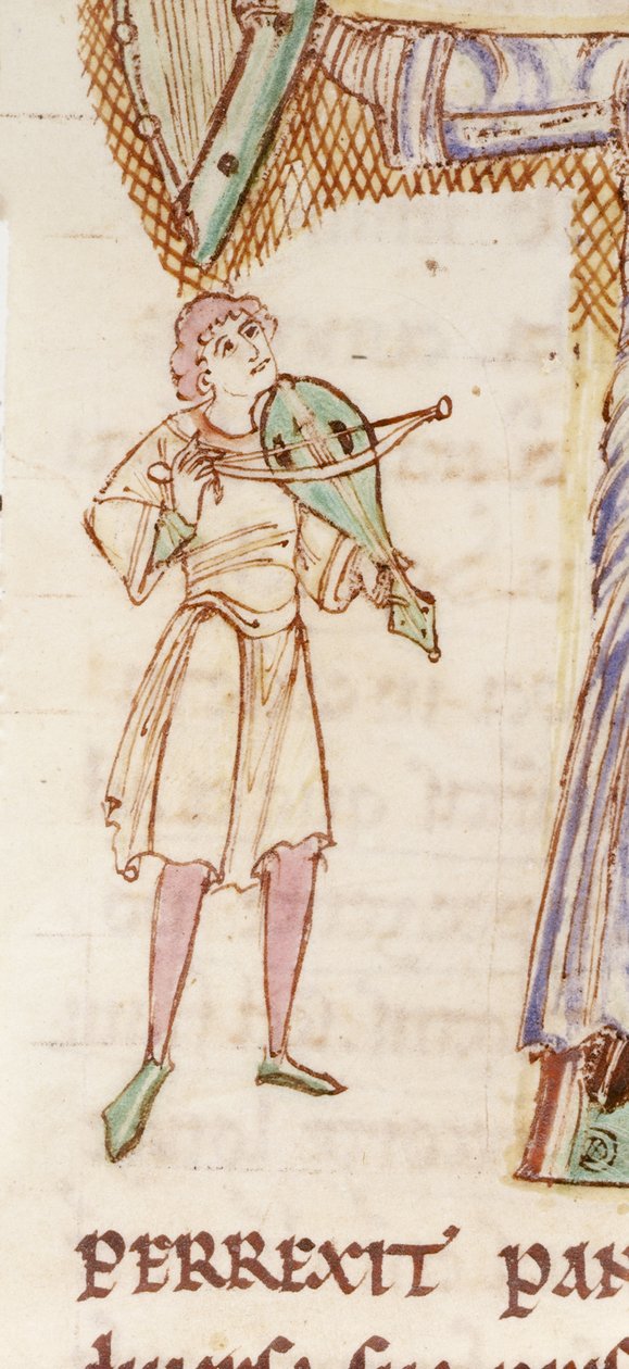 f.218v Fragment zamieszkałego początkowego „T” przedstawiający mężczyznę grającego na rebece, z „Passionale”, c.1110 (welum) autorstwa English School