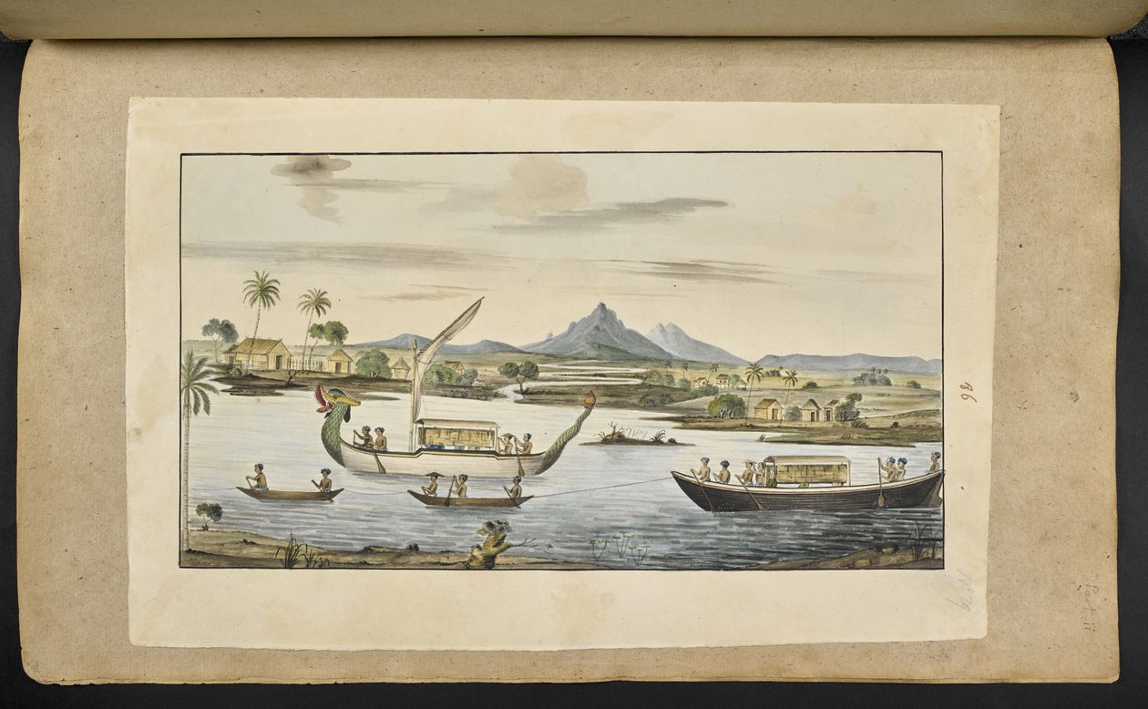 f.75 (tablica 86) Scena rzeczna na Jawie z łodziami, w tym łodzią ze smoczą głową autorstwa English School
