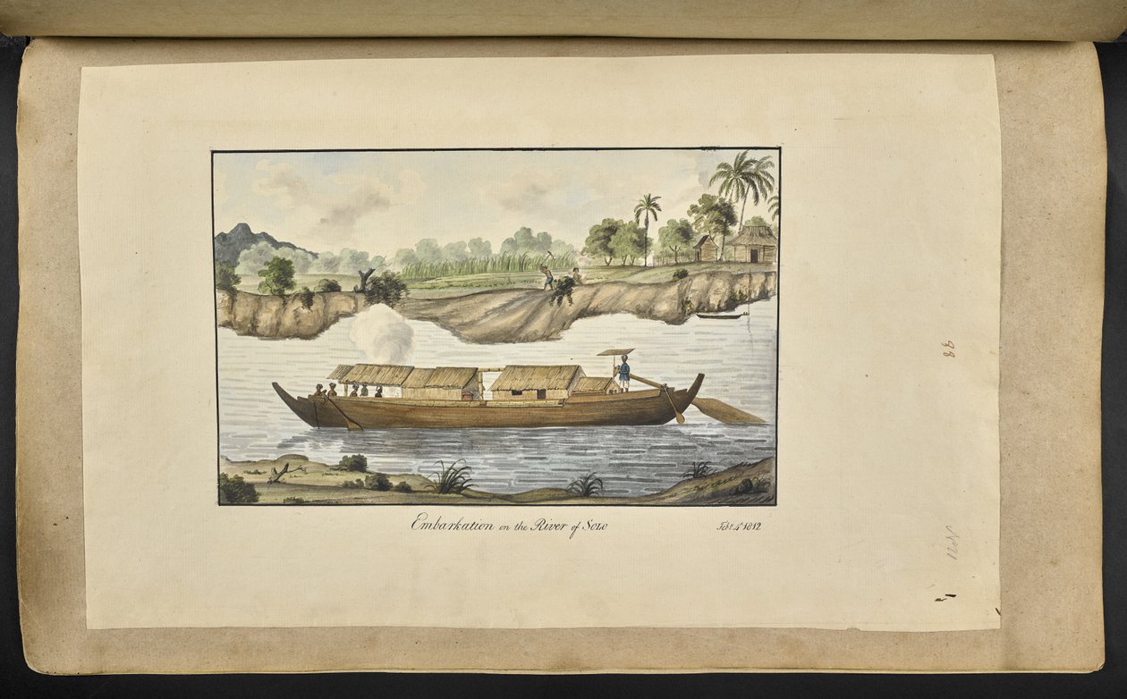 f.77 (tab. 88) Łódź na rzece Solo (Surakarta, Jawa Środkowa). 4 lutego 1817 r. Na przodzie napis atramentem: „Zaokrętowanie na rzece Solo. 4 lutego 1812 r.” (akwarela na papierze) autorstwa English School