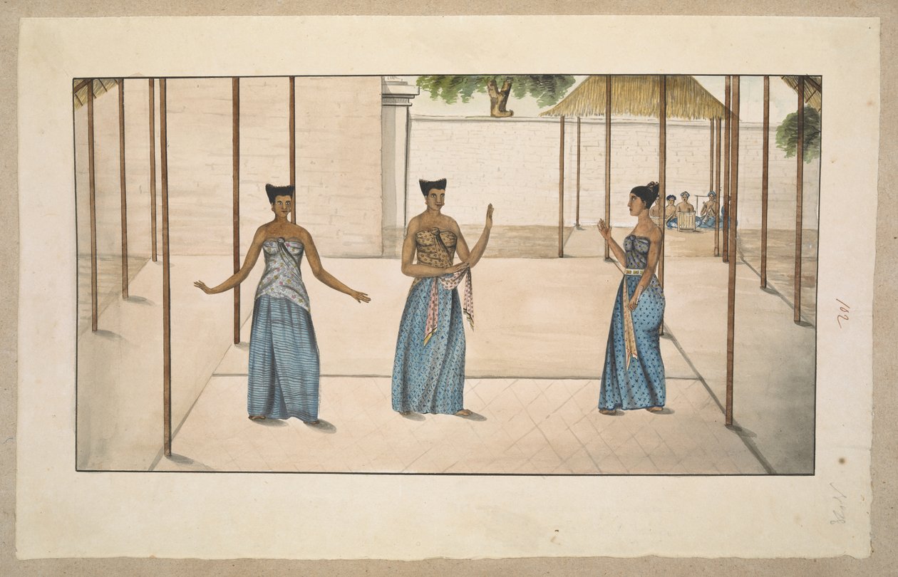 f.91 (102) Trzech tancerzy dworskich „serimpi” i orkiestra „gamelan”, prawdopodobnie w Solo lub Jogja 1811-13 (ołówek i akwarela na papierze) autorstwa English School