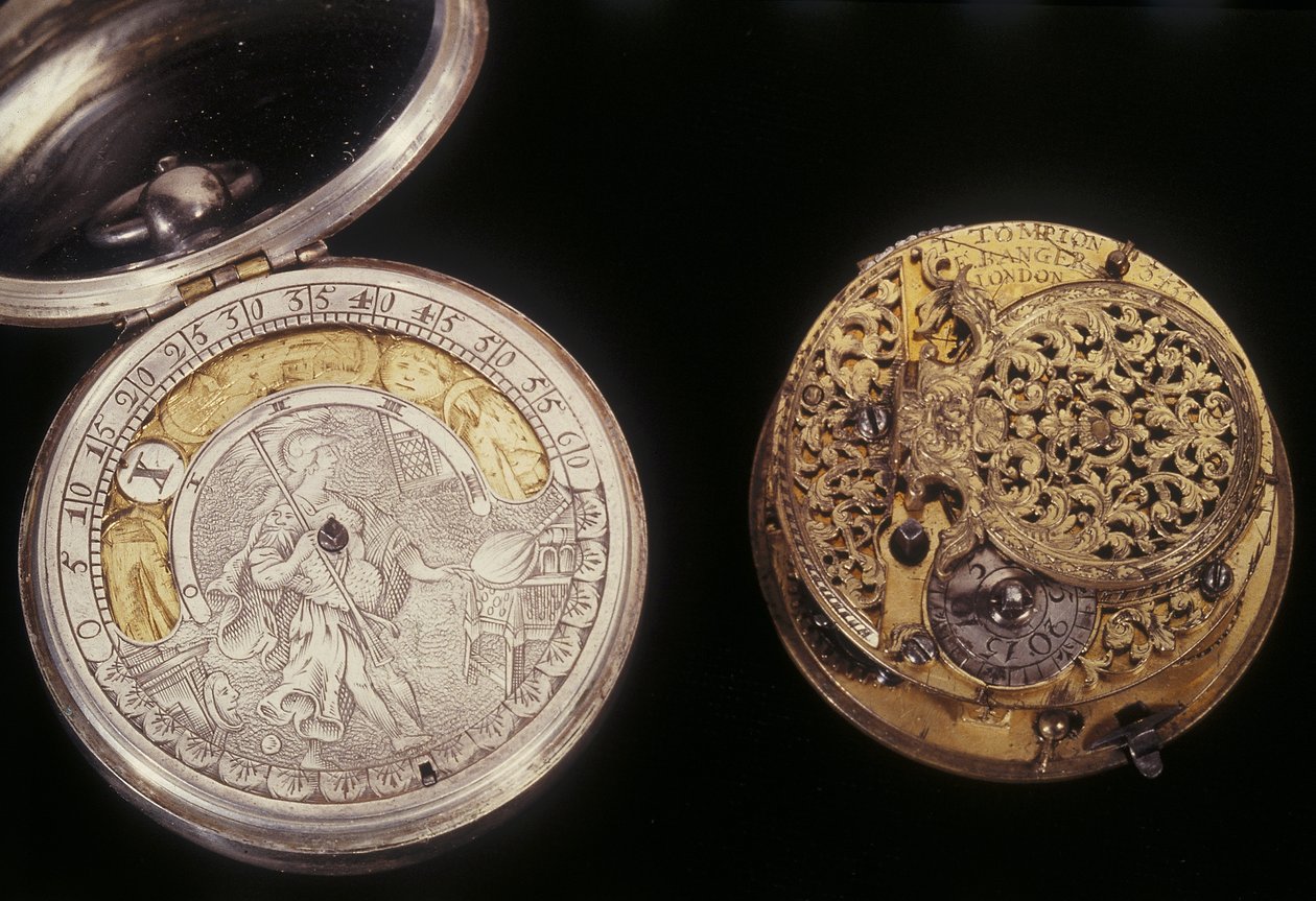 Dwa zegarki kieszonkowe, c.1660 i c.1705 (metalowe) autorstwa English School English School