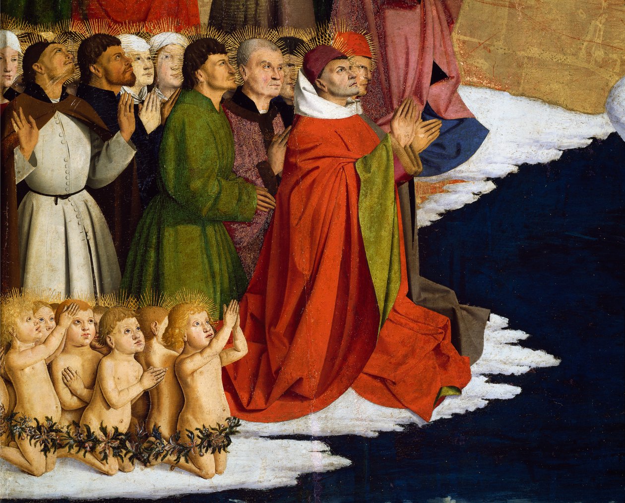 Chrzczenie mężczyzn i dzieci, fragment z Ołtarza Koronacji Najświętszej Marii Panny autorstwa Enguerrand Quarton