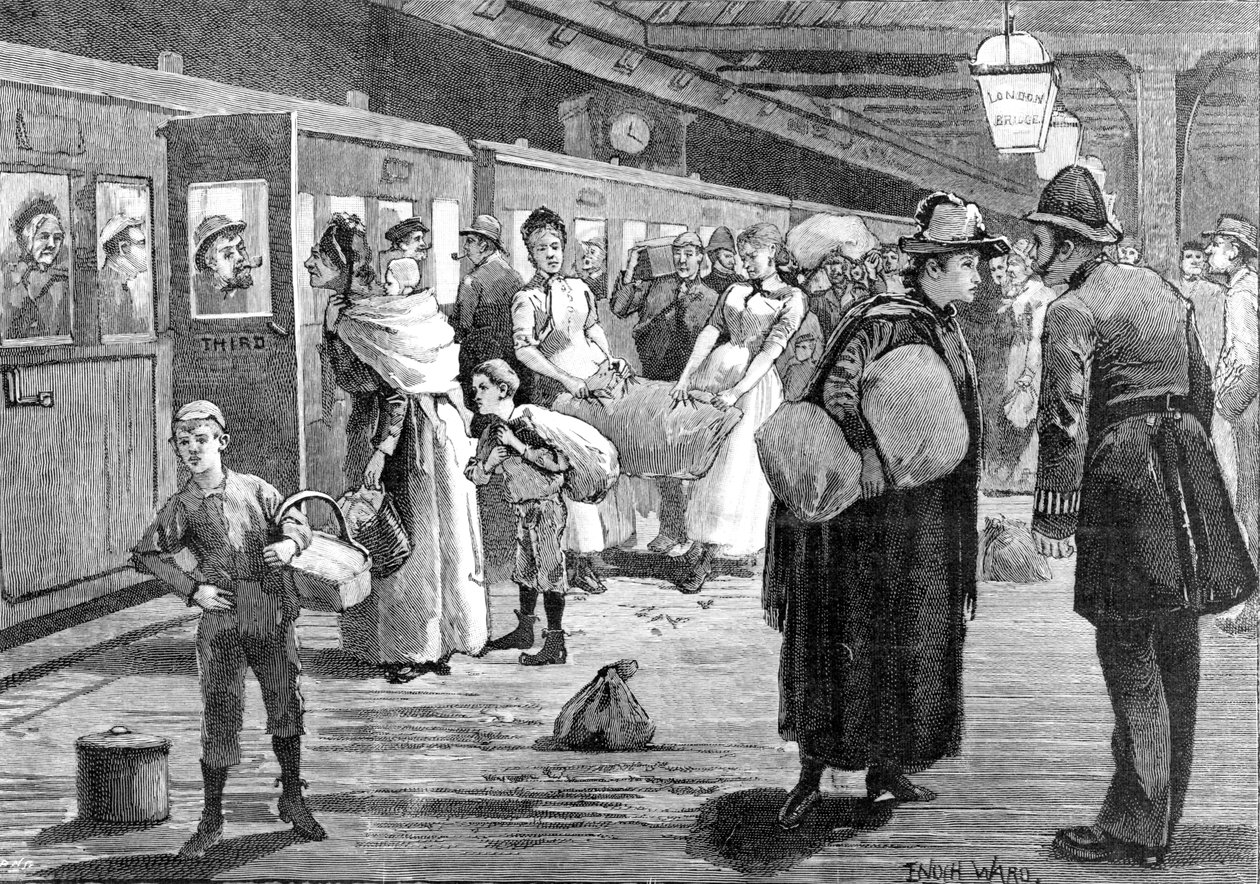 Zbieracze chmielu ruszają ze stacji kolejowej London Bridge o północy 1891 r. autorstwa Enoch Ward