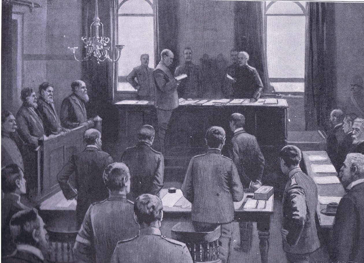 Proces o zdradę stanu w Bloemfontein, z książki After Pretoria: The Guerilla War wydanej przez Harmsworth Bros Limited, 1901 autorstwa Enoch Ward