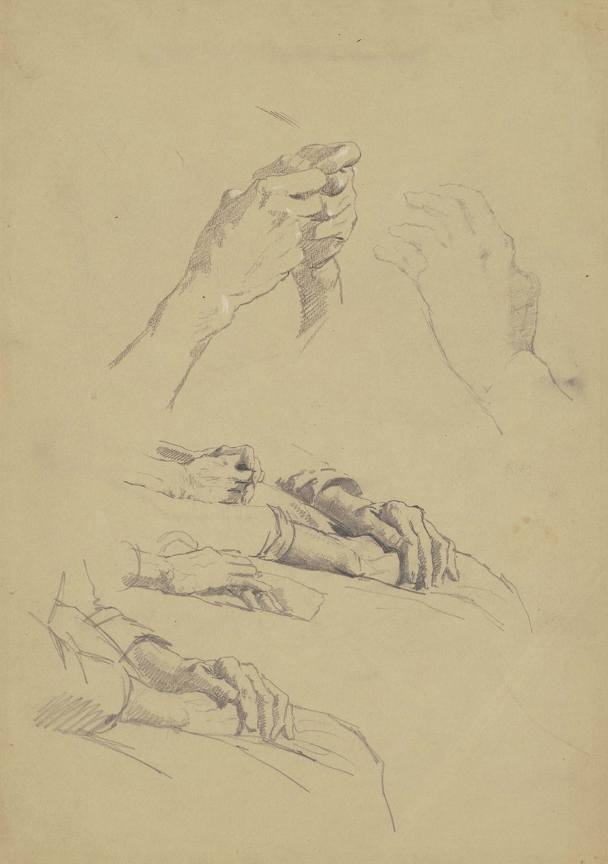 Sześć studiów dłoni, ok. 1870-90 (grafit i kreda na papierze brązowym) autorstwa Enoch Wood Perry