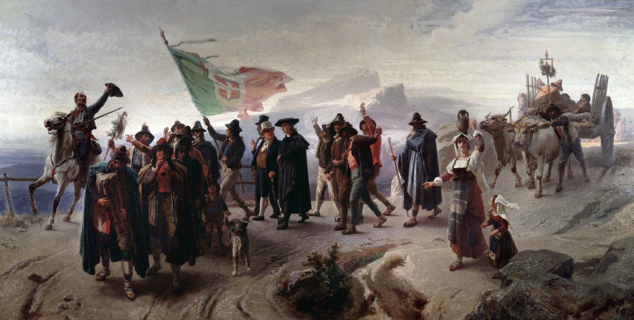 Risorgimento: „” Przyłączenie regionu Abruzzo do zjednoczonych Włoch w 1861”” (Przyłączenie regionu Abruzzo do zjednoczonych Włoch w 1861) Obraz Enrico Gamba (1831-1883) Dim 104x207 cm Genes, Galleria d
