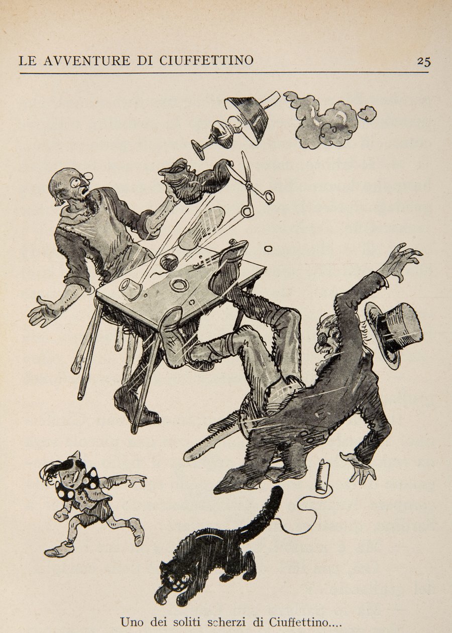Ilustracja z Przygód Ciuffettino autorstwa Enrico de Conti Novelli