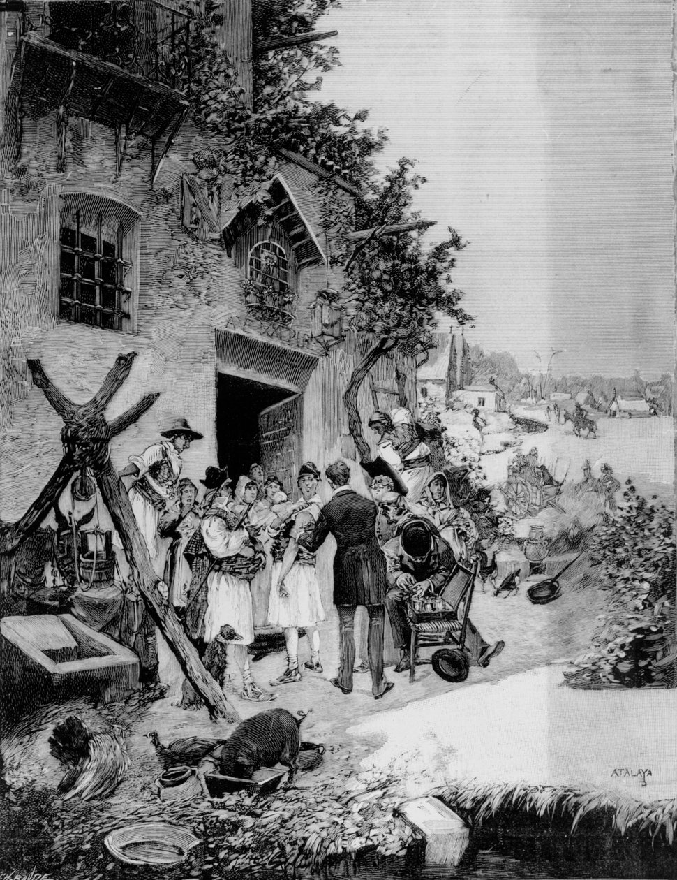 Przeprowadzanie publicznego szczepienia przeciwko cholerze w rejonie Murcji, 1885 (zdjęcie bw) autorstwa Enrique Atalaya Gonzales