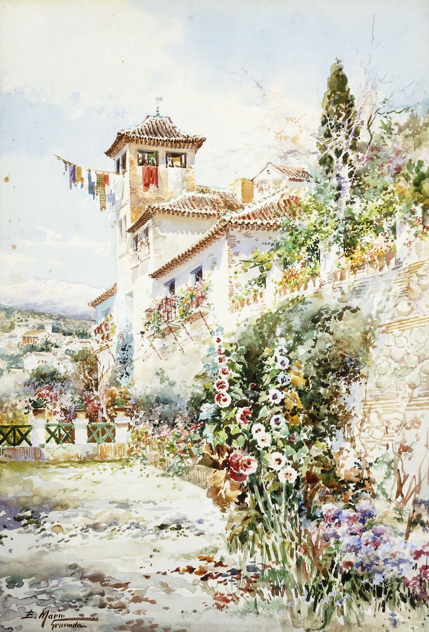 Andaluzyjski dom i ogród latem (ołówek i w/c) autorstwa Enrique Marin Higuero