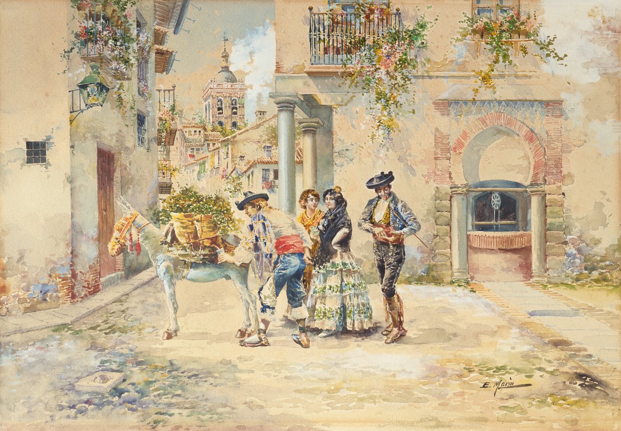 The Street Seller (ołówek i akwarela) autorstwa Enrique Marin Higuero