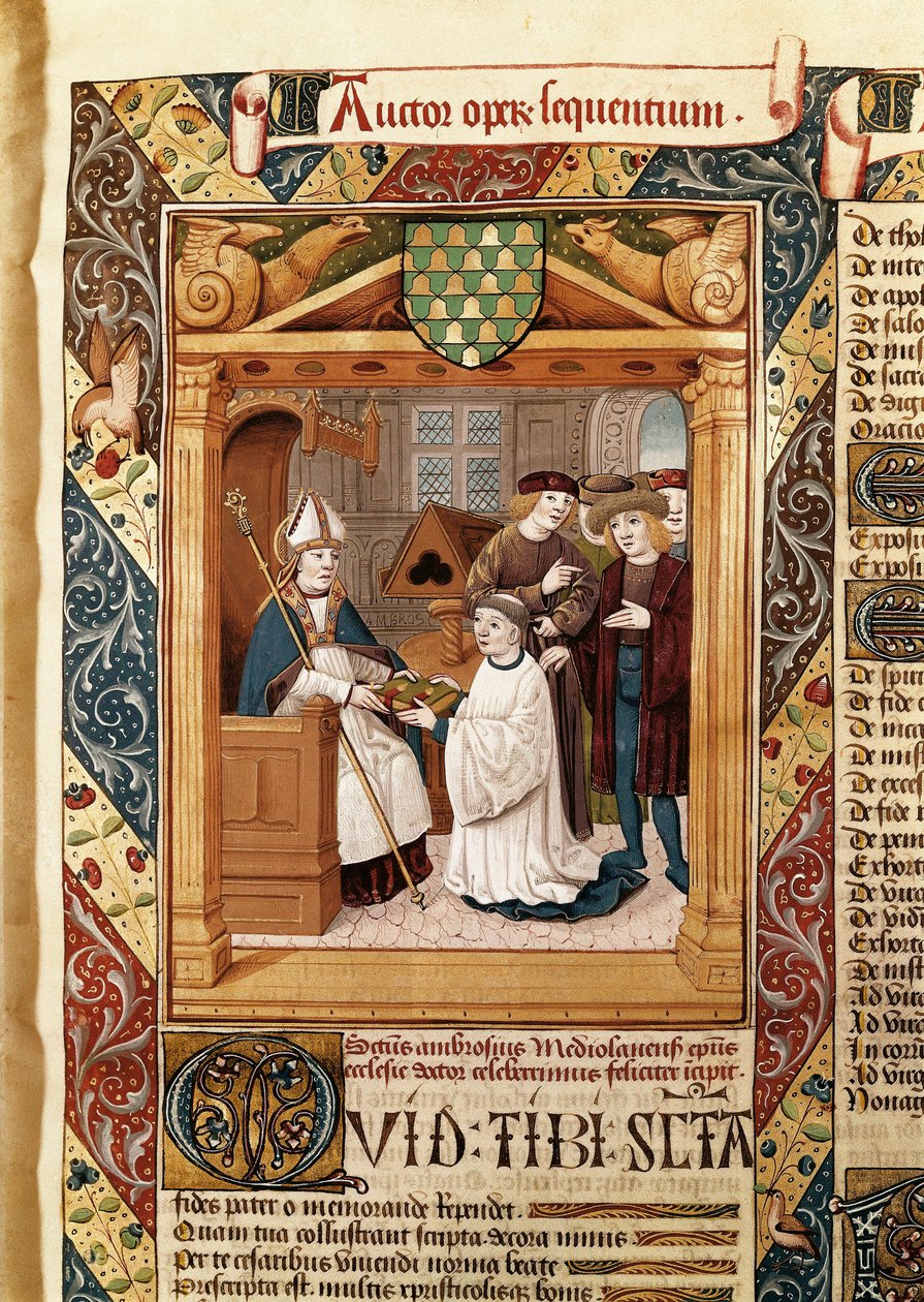 Święty Ambroży (339-397), arcybiskup Mediolanu, przedstawia swoje prace krewnemu z „Dzieł św. Ambrożego (t. 1)” autorstwa Enrique de Bellorto