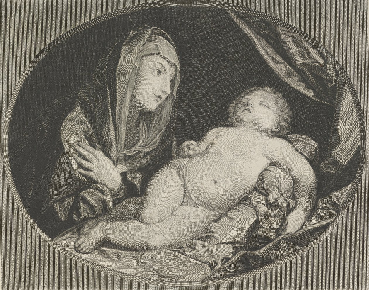 Dziewica z rękami skrzyżowanymi na piersi patrząca na śpiące niemowlę Chrystus, w..., 1770-1834. autorstwa Ephraim Gottlieb Krüger