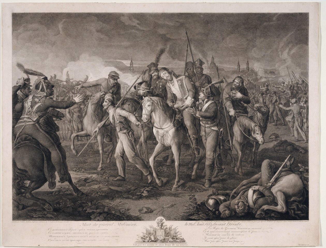 Mort du General Alexis Melissin (1759-1813) a Dresde, en 1813 - Śmierć generała Alekseya Melissino 26 sierpnia 1813 - Krueger, Ephraim Gottlieb (1756-1834) - 1813 - Etching - 68,4x88,8 - Kolekcja prywatna autorstwa Ephraim Gottlieb Krüger