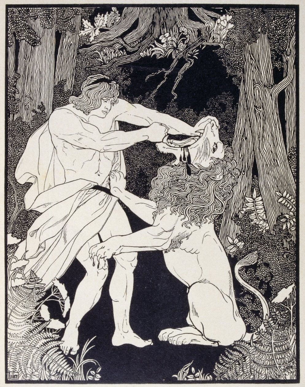 Rysunek przedstawiający Samsona walczącego z lwem (rycina) autorstwa Ephraim Moses Lilien