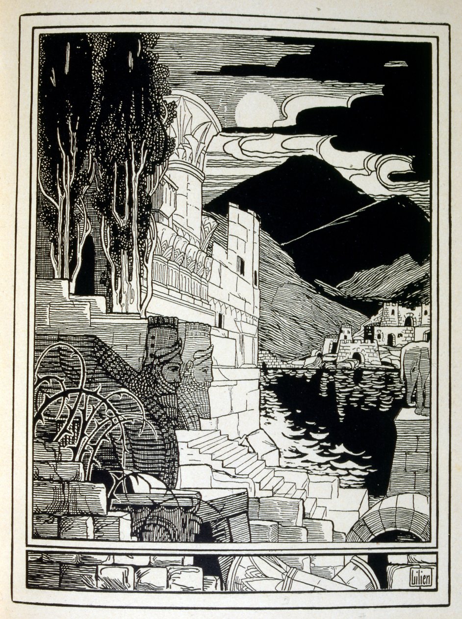 Ruiny Sodomy z księgi Juda zilustrowanej przez Efraima Mojżesza Liliena (1874-1925). Lilian uważany jest za ojca ikonografii syjonistycznej, tworzonej w stylu Jugendstil (niemieckiej secesji). Ilustrował 