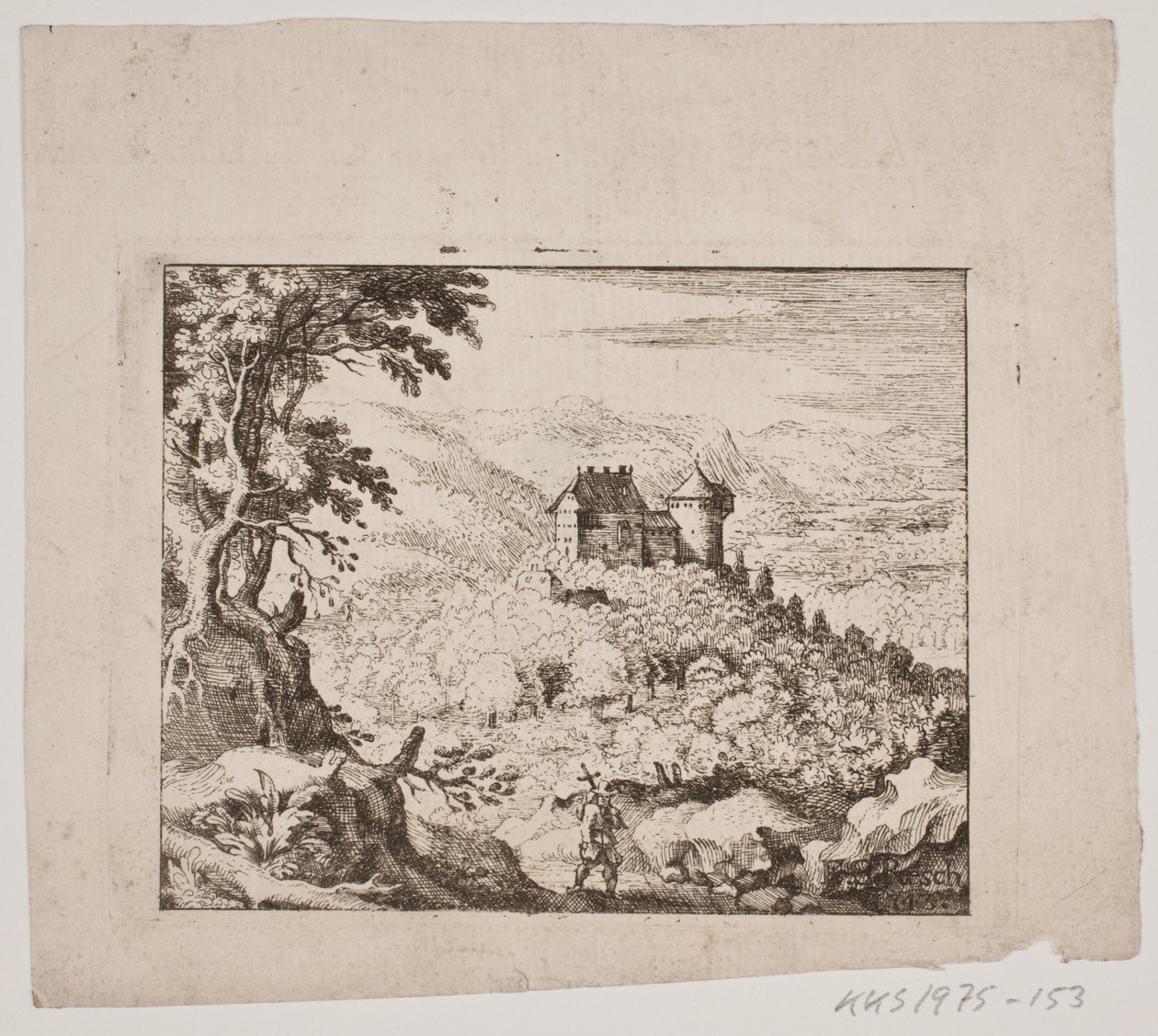 Górzysty krajobraz z zamkiem i wędrowcem autorstwa Erasmus Sigismund Resch