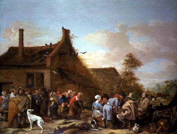 Chłopi bawiący się przed karczmą autorstwa Erasmus de Bie