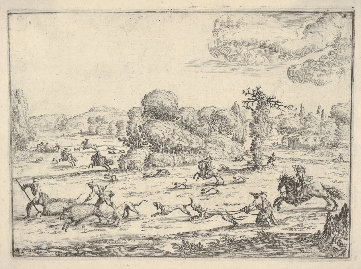 Polowanie na dzika w krajobrazie, ca. 1620-38. autorstwa Ercole Bazicaluva