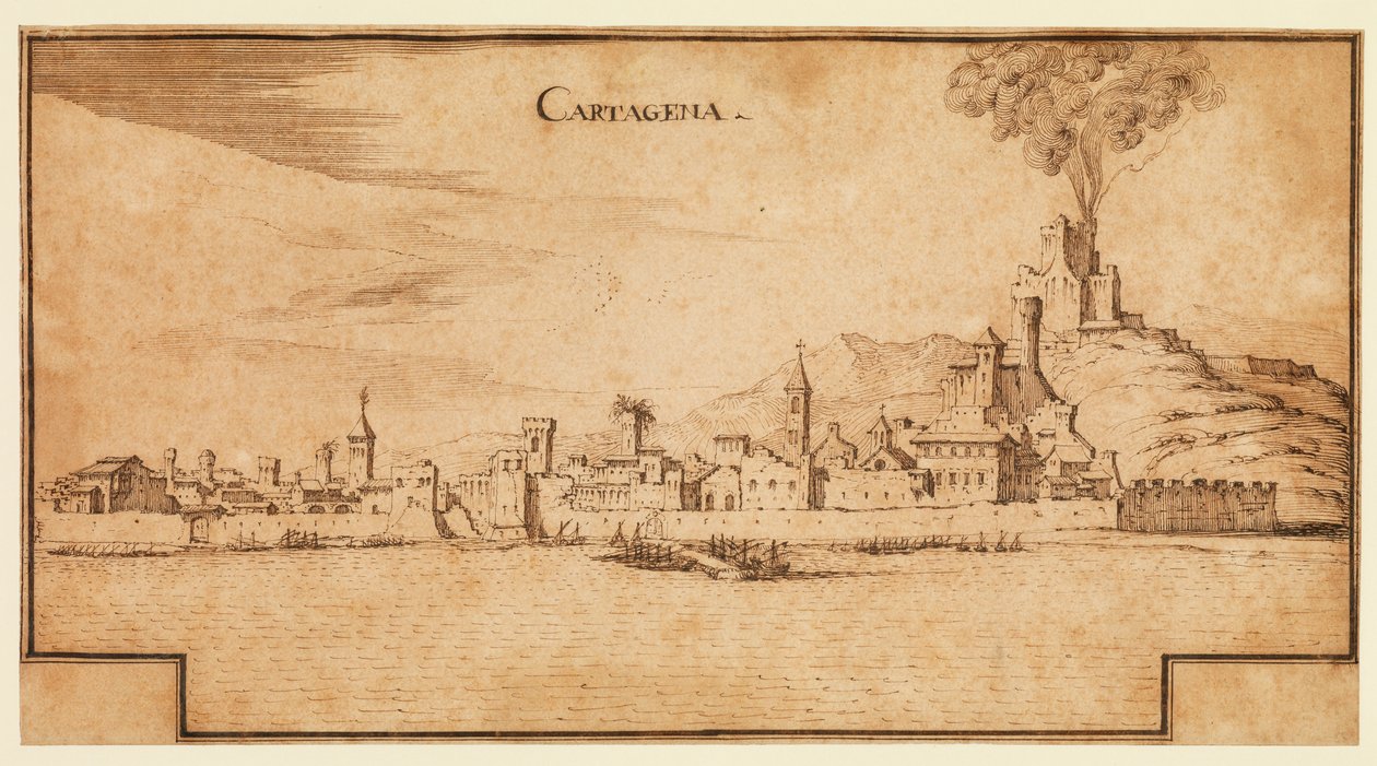 Widok Cartageny, Hiszpania, ok. 1642 (pióro i brązowy tusz na papierze, z brązowymi liniami obramowania na dole) autorstwa Ercole Frigoni Bazzicaluva