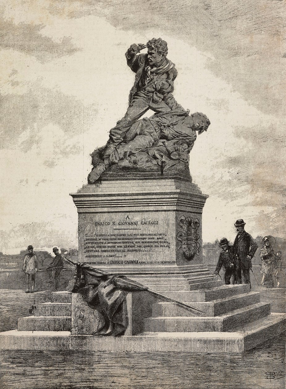 Pomnik Enrico (1840-1867) i Giovanniego Cairoli (1842-1869), włoskich patriotów, grupa z brązu autorstwa rzeźbiarza Ercole Rosa (1846-1893), na wzgórzu Pincian, Rzym, Włochy autorstwa Ercole Rosa