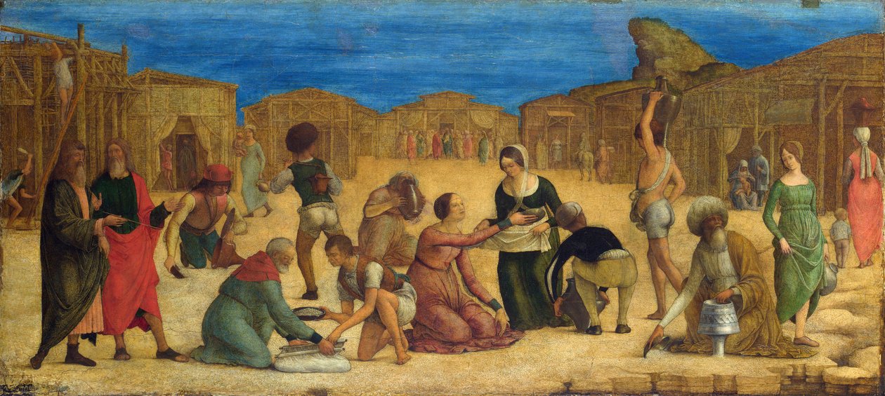 „„Zbieranie Manny na pustyni Synaj”” – Ercole Roberti (Ercole Ferrarese) (ok. 1450-1496) Izraelici zbierają Mannę Tempera na płótnie 1490 National Gallery, Londyn 28,9x63,5 autorstwa Ercole de Roberti