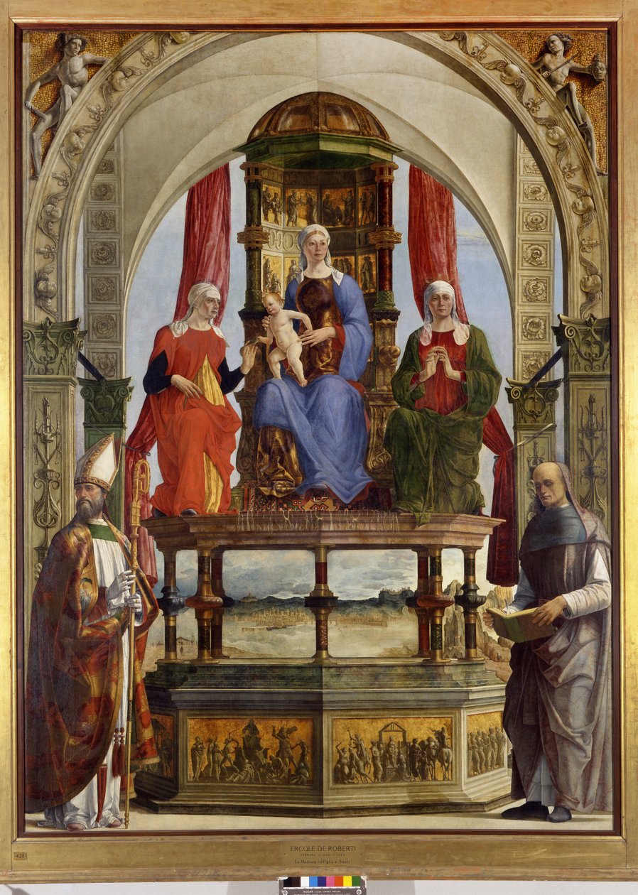 Dziewica intronizowana z Dzieciątkiem, św. Anna, Elżbieta, Augustyn i błogosławiony Pietro degli Onesti, 1479-91 autorstwa Ercole de Roberti