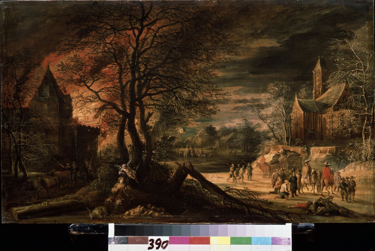 „Alegoria cierpliwości” (Alegoria cierpliwości) Kraj w stanie wojny, trupy porozrzucane na ziemi, ogień po lewej, apokaliptyczny krajobraz. Obraz Ergo Enghelberta (1620-około 1667) XVII-wieczne Muzeum Puszkina, Moskwa autorstwa Ergo Enghelbert