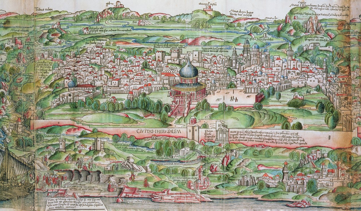 Mapa Jerozolimy z „Pielgrzymki do Ziemi Świętej” Bernharda von Breydenbacha (1440-97) autorstwa Erhard Reuwich
