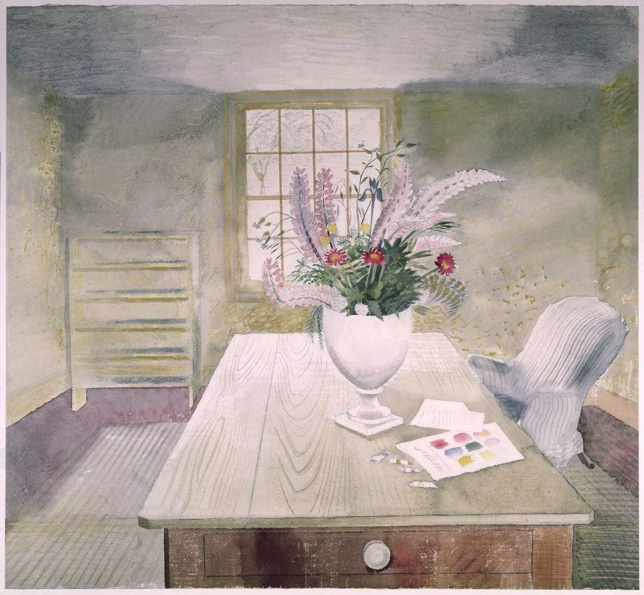 Kwiaty ogrodowe na stole w domku letniskowym autorstwa Eric Ravilious